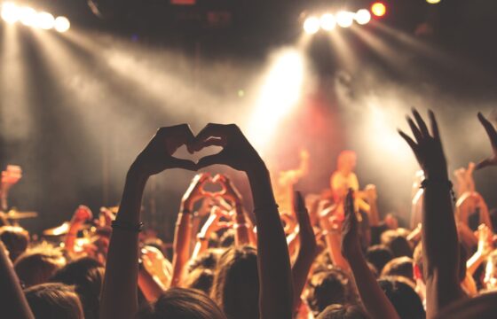 zdjęcie przedstawia grupę uczestników koncertu. Wszyscy mają podniesione ręce do góry. Jedna osoba ułożyła dłonie w kształt serca.