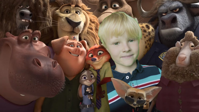 Fotomontaż - sylwetka chłopca wmontowana w gromadę postaci z popularnego filmu animowanego.