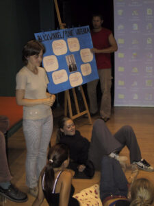 Zdjęcie przedstawia cztery osoby - jedna z nich stoi, pozostałe siedzą na podłodze. W centralnej części zdjęcia stoi sztaluga z niebieską planszą z napisem BLICKWINKEL / PUNKT WIDZENIA naklejonymi na niej białymi kartkami.