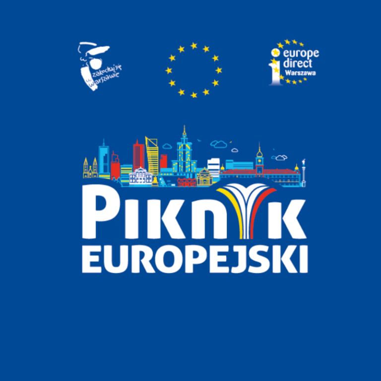Zdjęcie przedstawia kontury budynków miejskich. Pod nimi widnieje napis Piknik Europejski. Nad budynkami od lewej znak Zakochaj się w Warszawie, logo Unii Europejskiej i znak Europe Direct Warszawa.