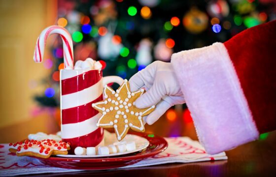 Zdjęcie przedstawia rękę świętego Mikołaja, która trzyma ciastko w kształcie gwiazdki