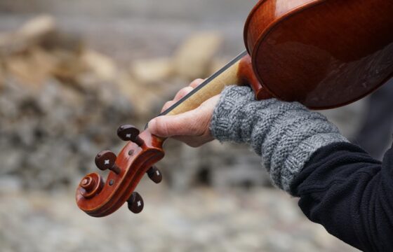Zdjęcie przedstawia rękę trzymająca skrzypce