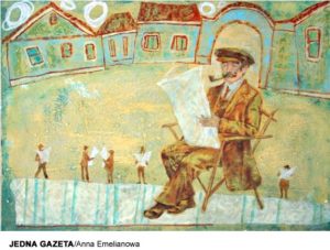 Malarstwo - mężczyzna siedzi na krzesełku, czyta gazetę, w ustach ma fajkę.