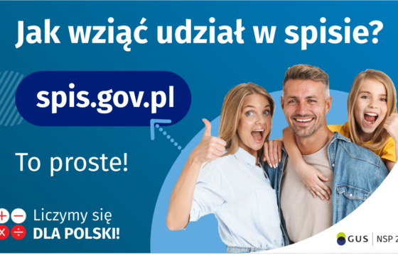 Kobieta, mężczyzna, dziecko - wszyscy są uśmiechnięci. Napis: Jak wziąć udział w spisie? spis.gov.pl To proste!