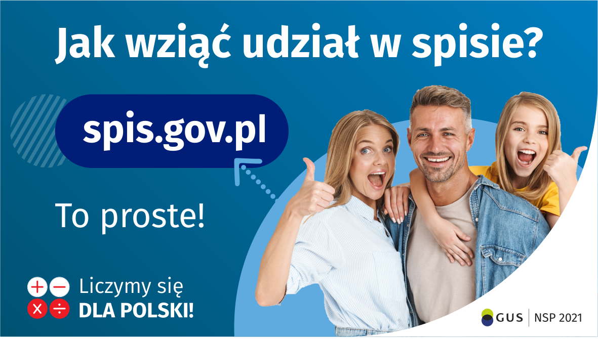 Kobieta, mężczyzna, dziecko - wszyscy są uśmiechnięci. Napis: Jak wziąć udział w spisie? spis.gov.pl To proste!