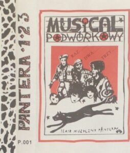 Plakat spektaklu: Musical podwórkowy w wykonaniu Teatru Muzycznego Pantera. W ramce narysowane postacie 3 chłopaków, przed nimi głowy trzech dziewcząt, a przed nimi sylwetka pantery.
