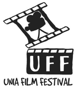 logotyp Unia Film Festival.Klaps z planu filmowego, który w górnej części ma symbol kamery