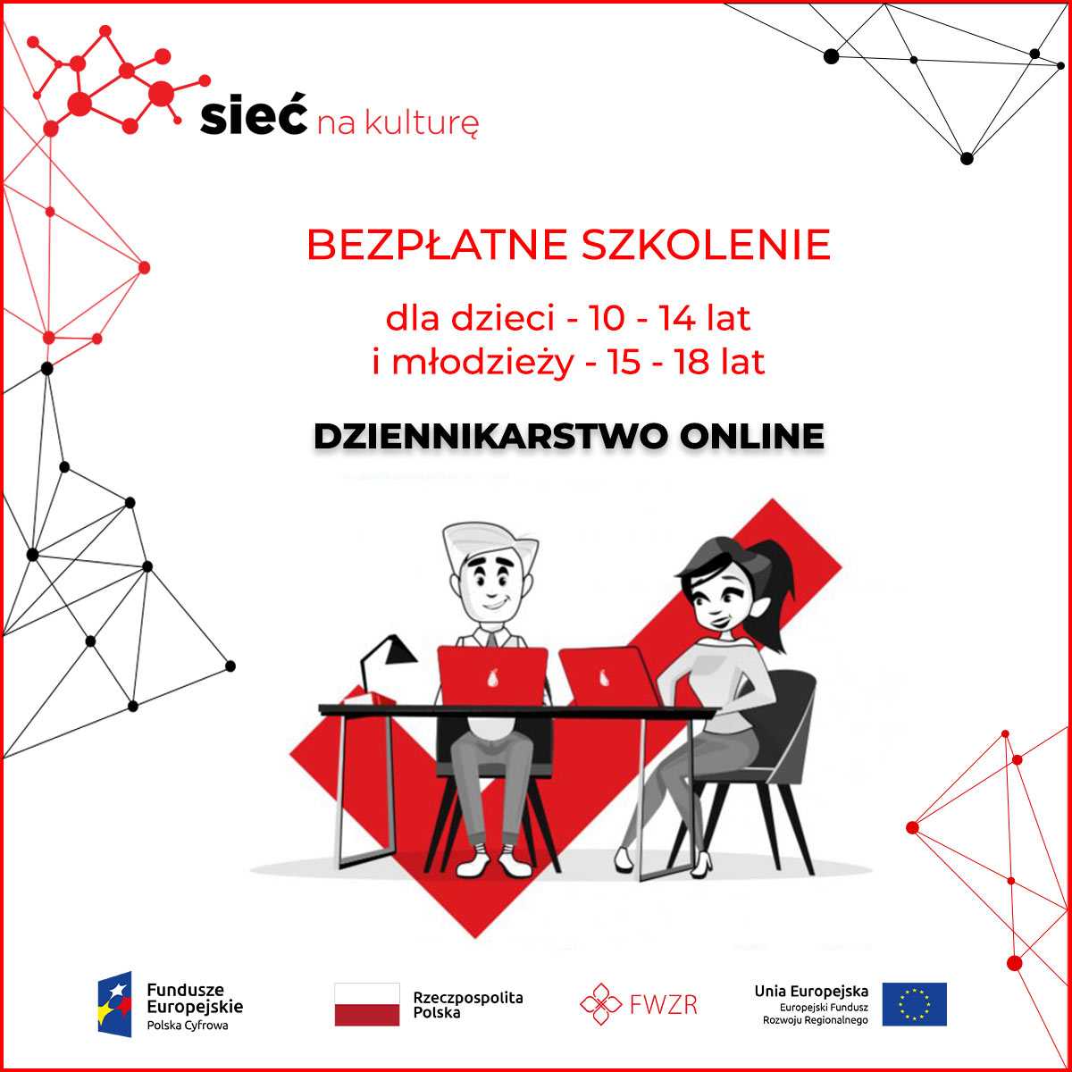 Grafika do projektu dziennikarstwo online - dziewczyna i chłopak siedzą na krzesłach przy stole, przed nimi otwarte laptopy.