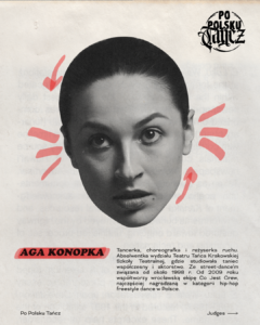 Grafika - wizytówka osoby - głowa młodej kobiety, pod nią informacje o niej