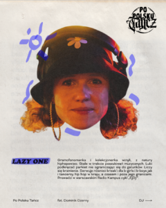 Grafika - wizytówka osoby - głowa młodej kobiety w kapeluszu, pod nią informacje o niej