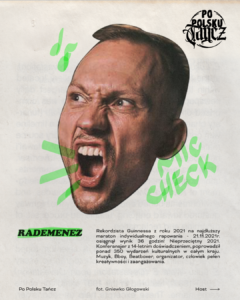 Grafika - głowa młodego mężczyzny, wygląda jakby krzyczał, pod nią informacje o osobie