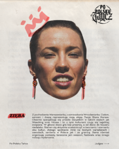 Grafika - wizytówka osoby - głowa młodej kobiety, pod nią informacje o nie