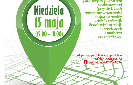 Plakat wydarzenia X Siekierkowska Majówka. Duża pinezka jak w mapie Google, informacje o wydarzeniu, w dolnej części logotypy