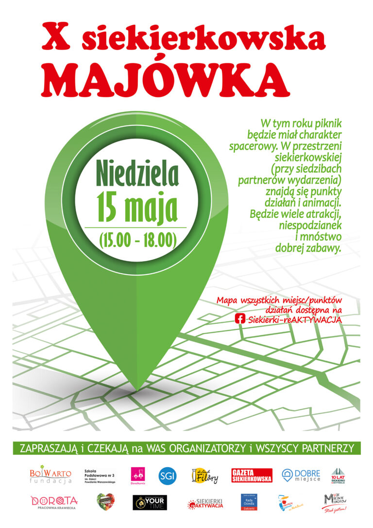 Plakat wydarzenia X Siekierkowska Majówka. Duża pinezka jak w mapie Google, informacje o wydarzeniu, w dolnej części logotypy