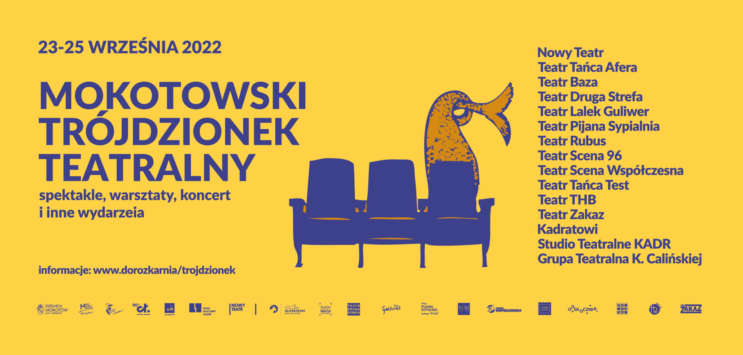 Grafika wydarzenia Mokotowski Trójdzionek Teatralny - podany termin, wymienione teatry, w dolnym pasku logotypy. W centralnym miejscu grafika - trzy fotele, na jednym syreni ogon
