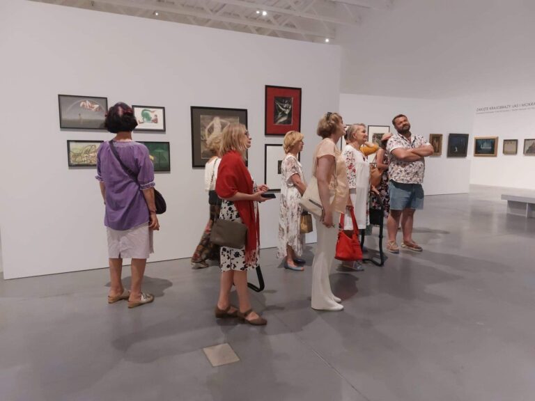 Grupa kobiet i jeden mężczyzna ogląda wystawę obrazów