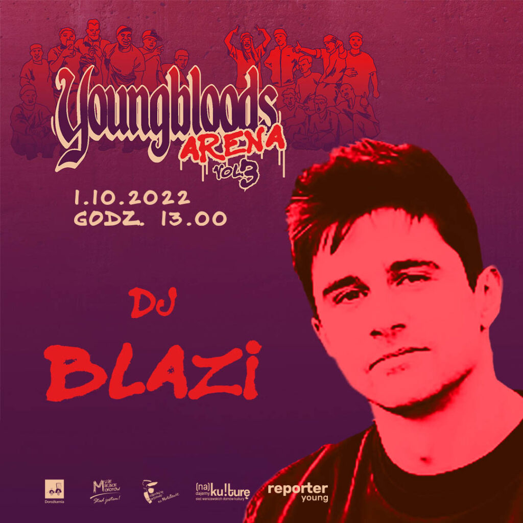 Wizytówka sędziego zawodów Youngbloods Arena- lekko uśmiechnięty młody mężczyzna odpis DJ Blazi