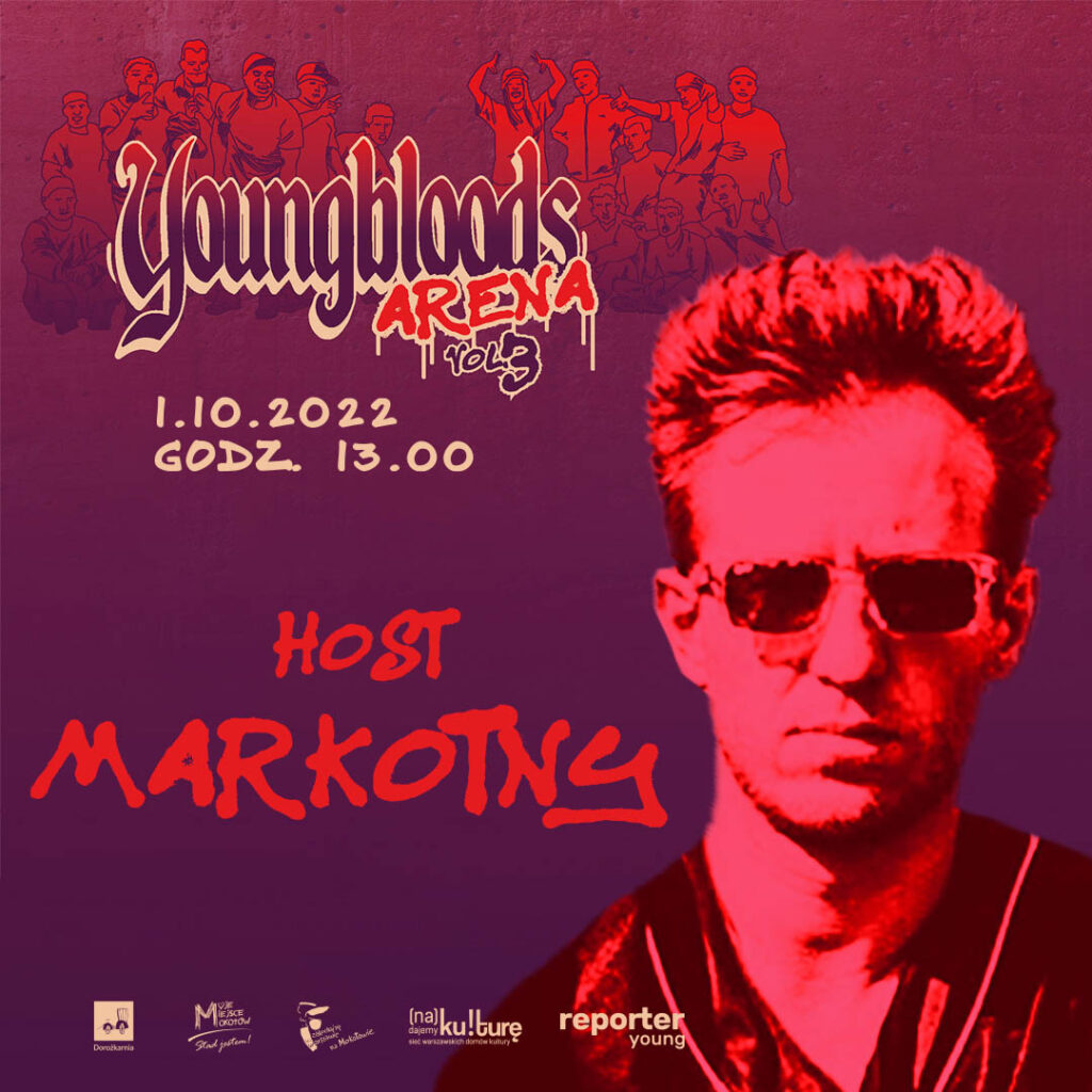 Wizytówka prowadzącego zawody Youngbloods Arena- chłopak w okularach podpis Host Markotny