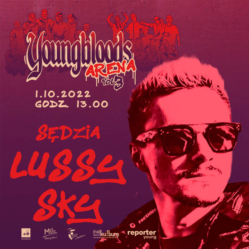 Wizytówka sędziego zawodów Youngbloods Arena- chłopak w okularach podpis Lussy Sky