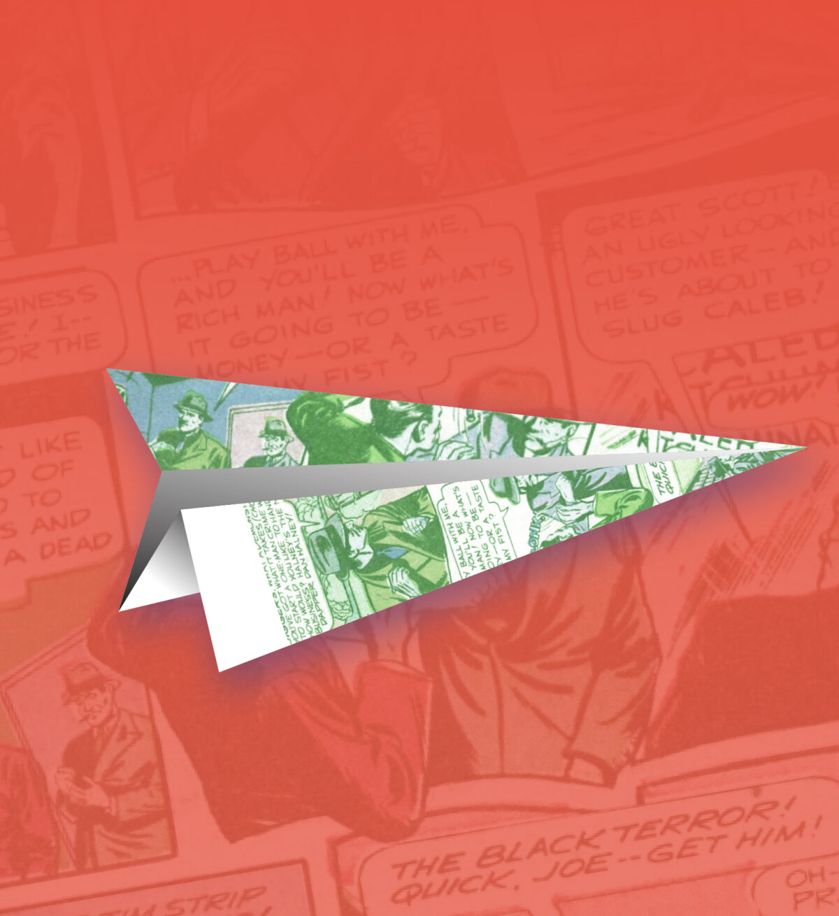 Papierowy samolot złożony z kartki z nadrukiem historyjki komiksowej