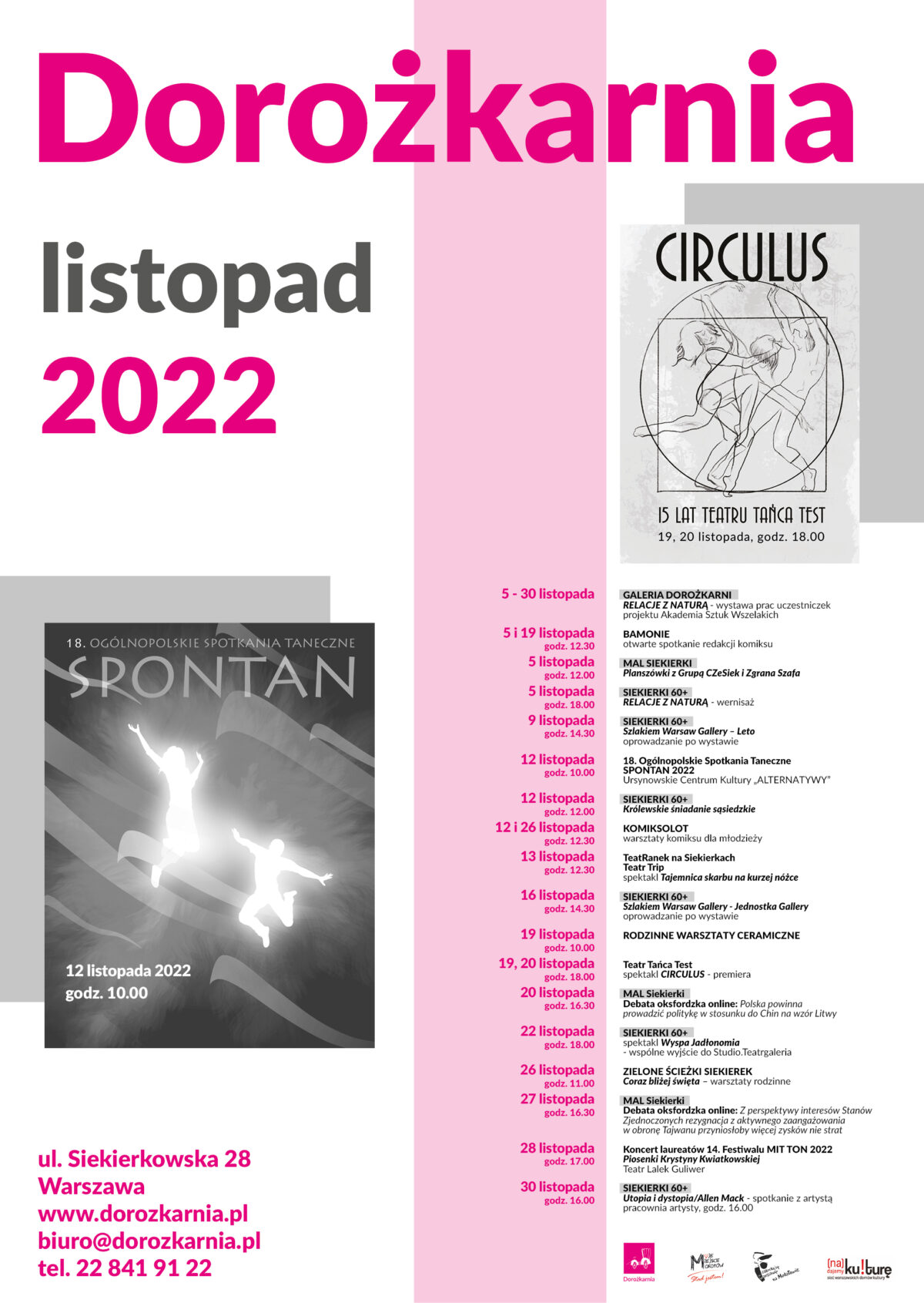 Grafika - plakat repertu Domu Kultury Dorożkarnia na listopad 2022