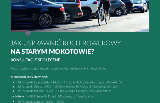 Afisz informacyjny dot. konsultacji na temat ruchu rowerowego na Starym Mokotowie. Dominuje zdjęcie kobiety jadącej na rowerze