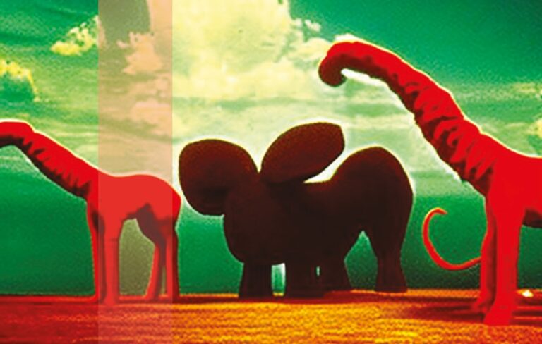 Zwierzęta o dziwnych kształtach przywodzących na myśl słonia i dwie żyrafy