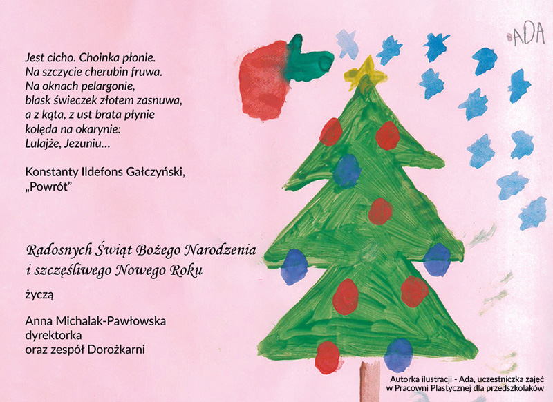 Choinka namalowana akwarelą, z lewej strony obrazka życzenia na Święta Bożego Narodzenia