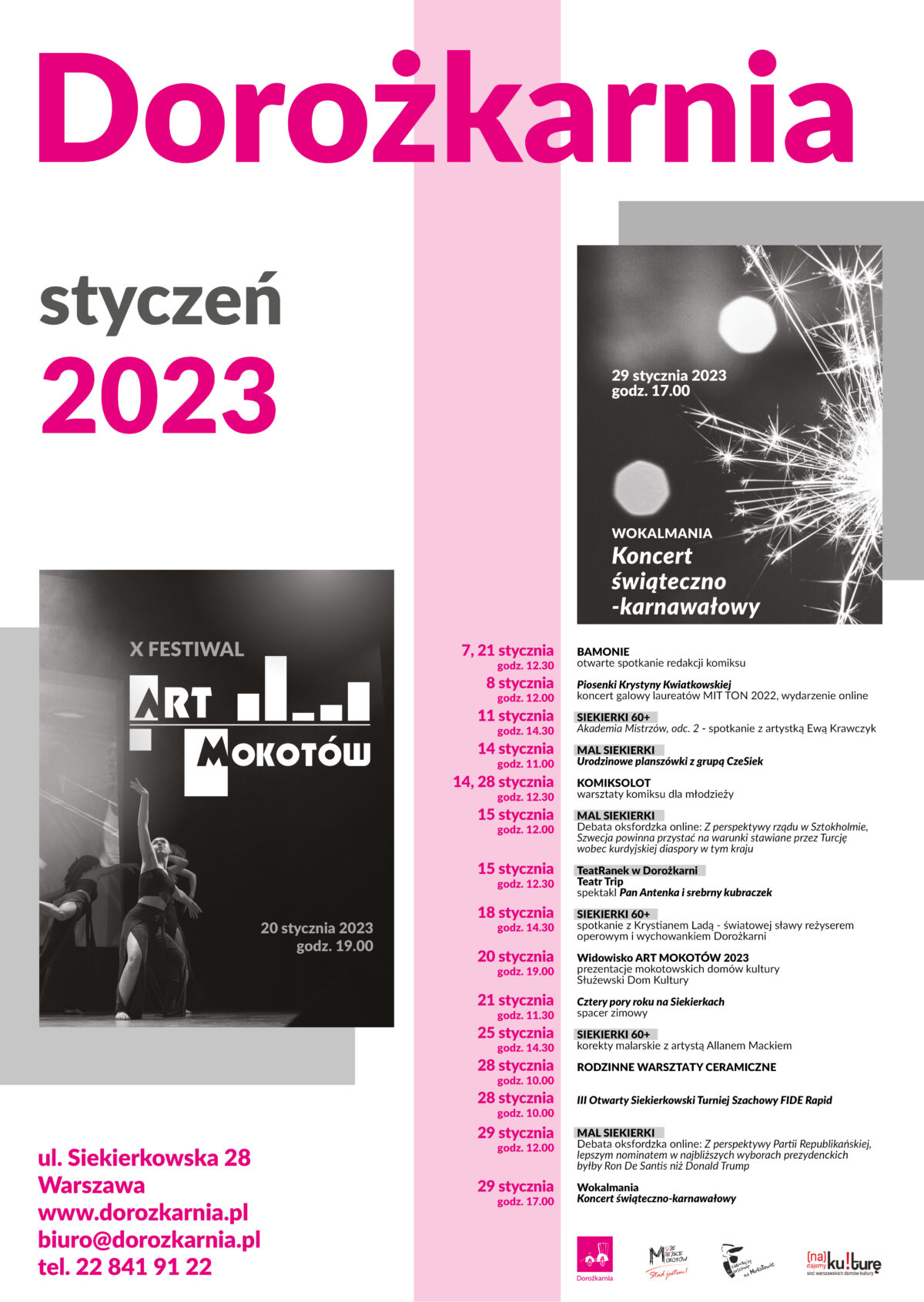 Afisz z repertuarem Domu Kultury Dorożkarnia na styczeń 2023