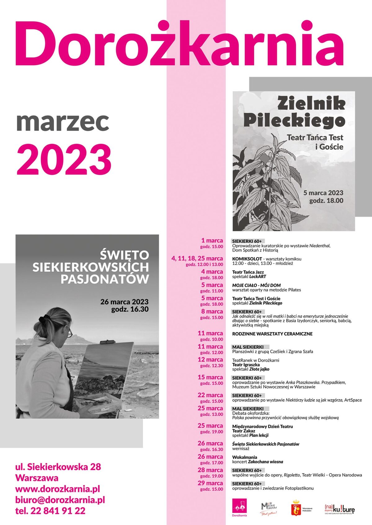 Plakat z repertuarem Domu Kultury Dorożkarnia na marzec