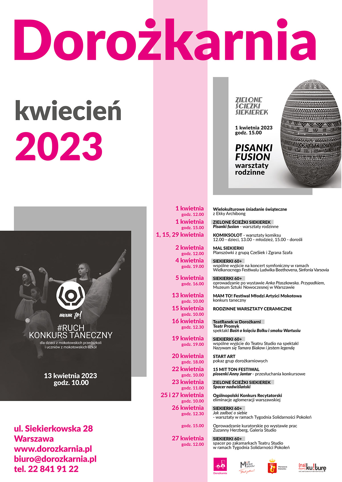 Plakat informacyjny z repertuarem Domu Kultury Dorożkarnia w kwietniu 2023