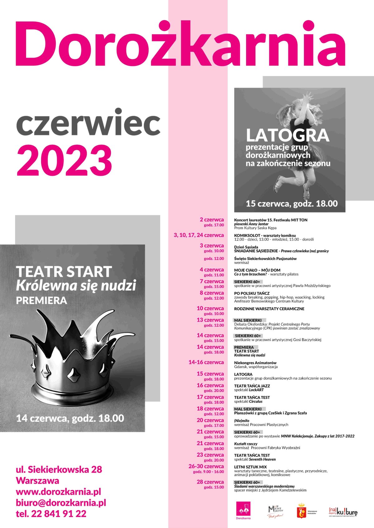 Plakat z repertuarem Domu Kultury Dorożkarnia na czerwiec 2023