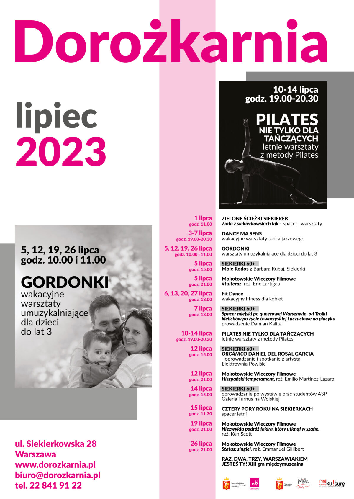 Plakat z repertuarem wydarzeń w Domu Kultury Dorożkarnia w lipcu