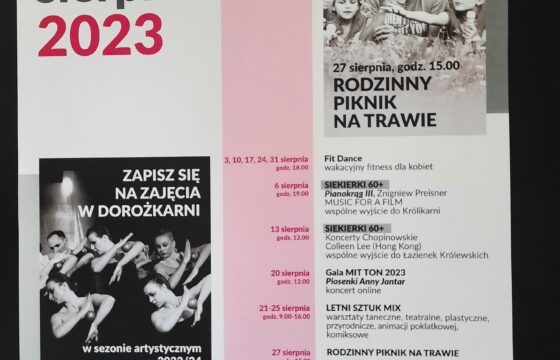 Plakat z repertuarem Domu Kultury Dorożkarnia na sierpień 2023