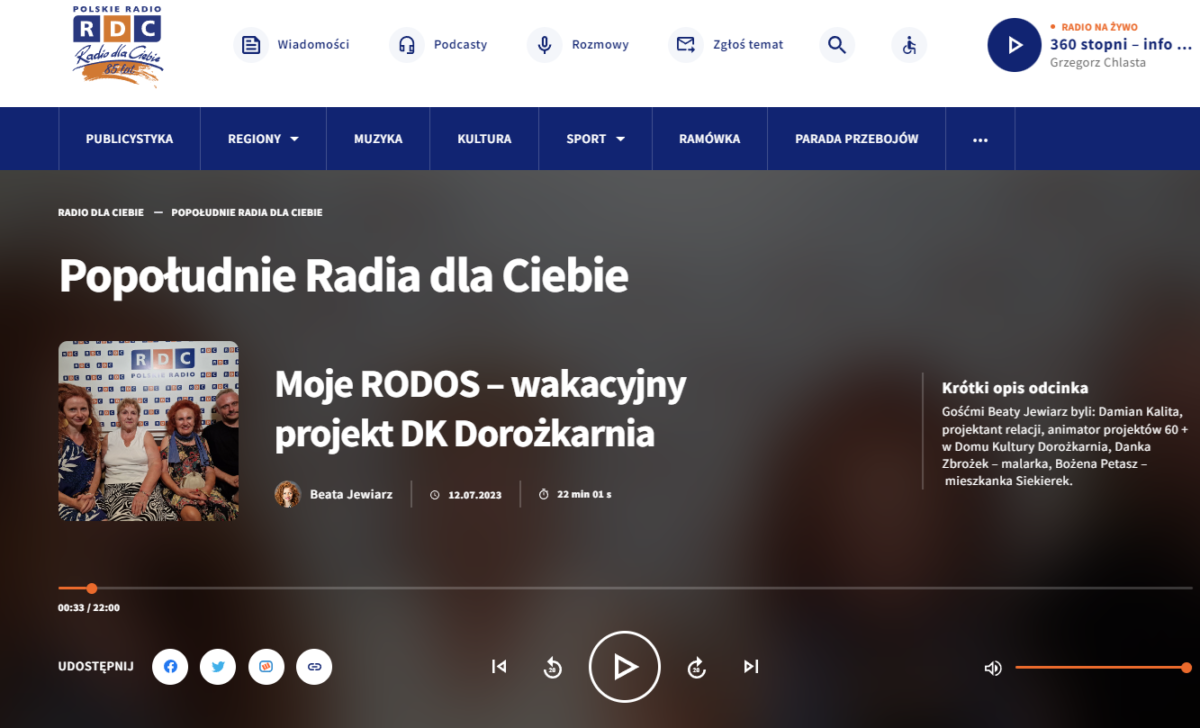 Zrzut ekranu strony Radia dla Ciebie - audycja Moje Rodos - wakacyjny projekt Dorożkarni