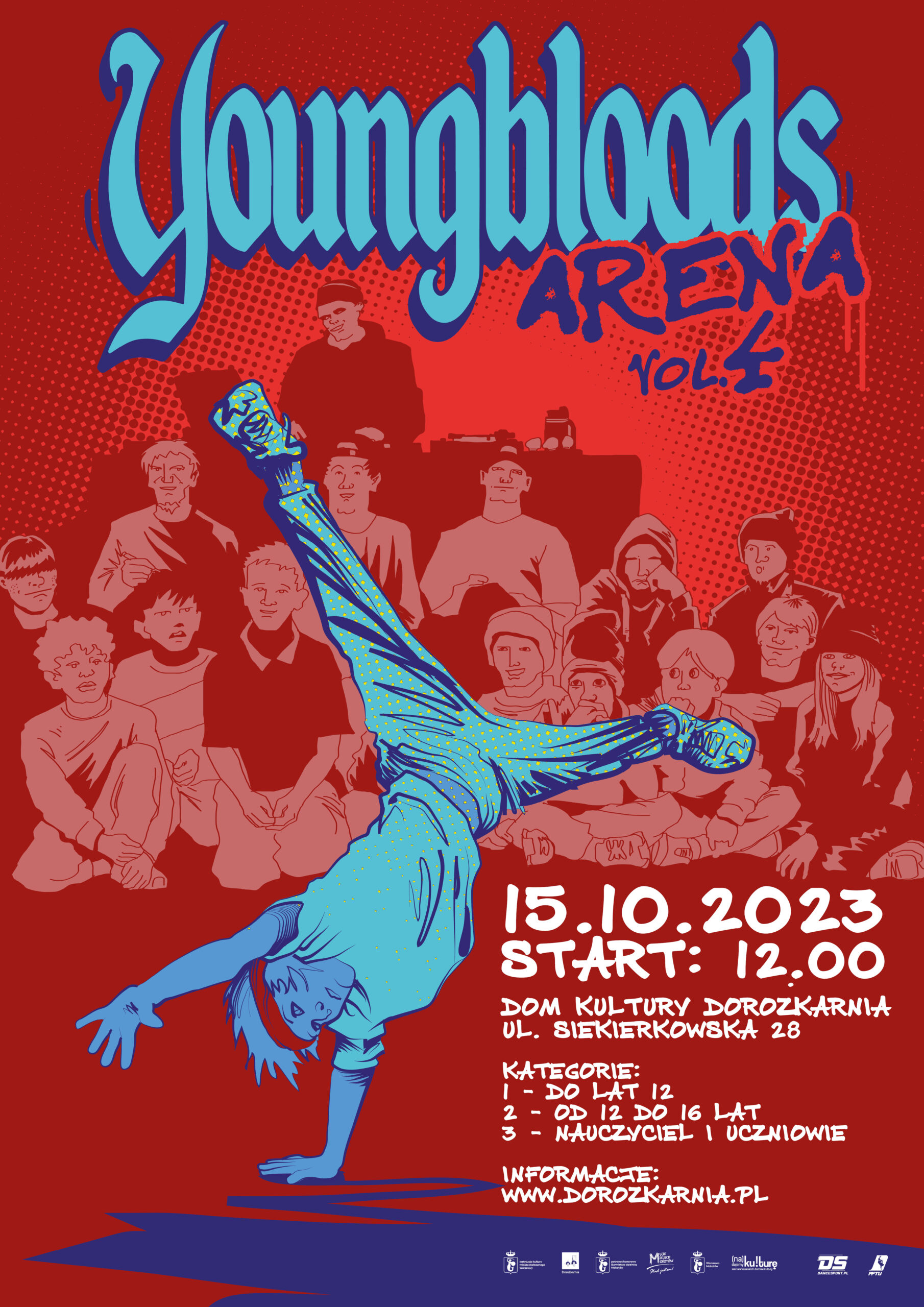 Plakat wydarzenia Youngbloods Arena - zawodów w stylu breakdance, narysowana postać chłopaka tańczącego breakdance, za nim publiczność, w dolnym pasku logotypy