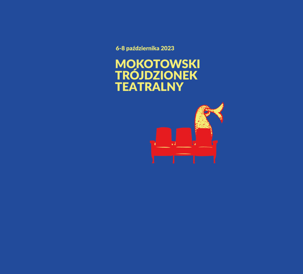 Grafika projektu Mokotowski Trójdzionek Teatralny, trzy fotele teatralne, na brzegowym duży ogon ryby