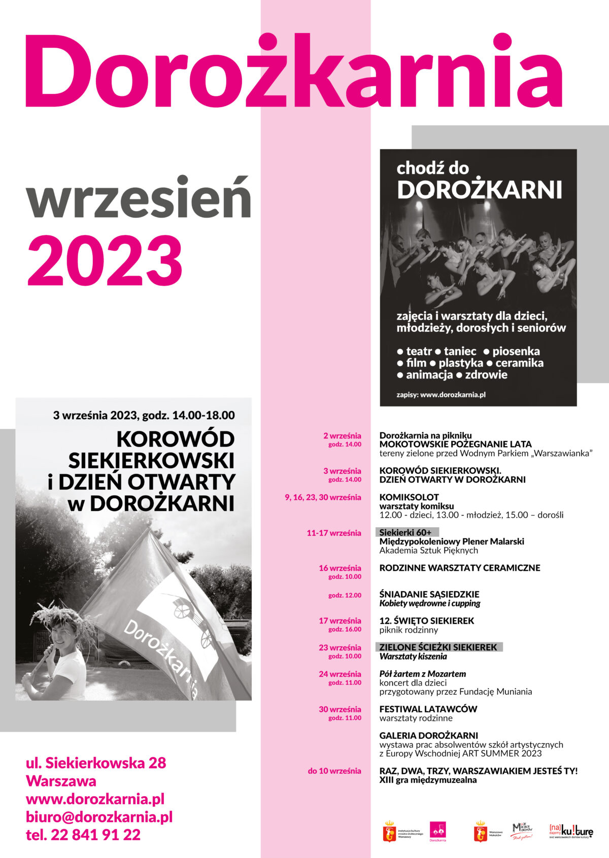 Plakat z repertuarem Domu Kultury Dorożkarnia na wrzesień 2023