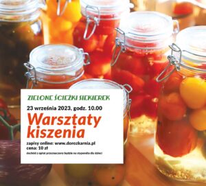 Grafika wydarzenia warsztaty kiszenia. Słoiki z kiszonymi warzywami.