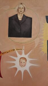 Obraz - w górnej części portret kobiety, pod nim główka małego dziecka na tle gwiazdy