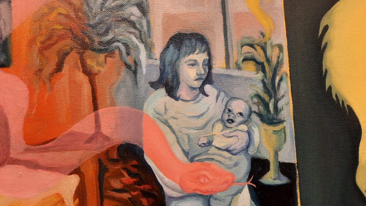 Obraz malowany na płótnie, portret siedzącej kobiety w mieszkaniu z maleńkim dzieckiem w ramionach