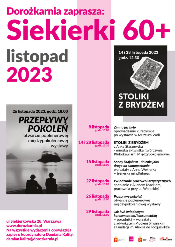 Plakat z repertuarem wydarzeń na listopad 2023 dla grupy Siekierki 60+