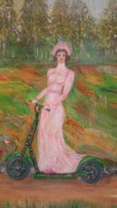 Obraz malowany na płótnie - kobieta w długiej sukni i w kapeluszu na hulajnodze, za nią las