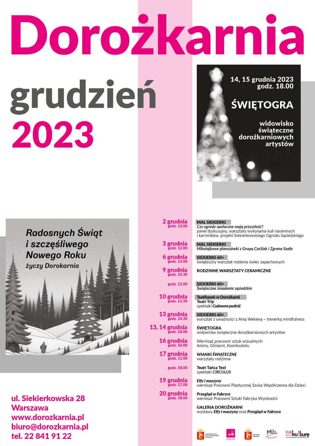 Plakat z repertuarem Domu Kultury Dorożkarnia na grudzień 2023