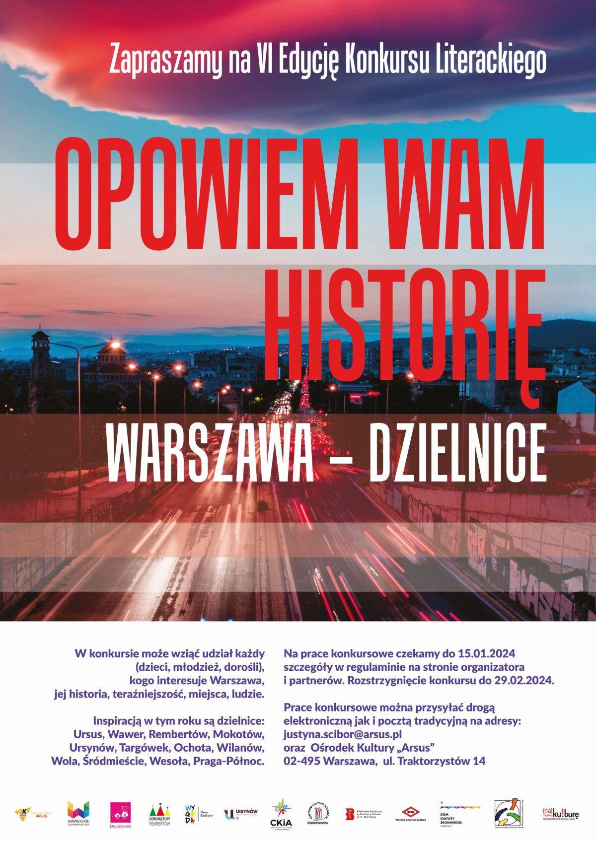 OPOWIEM WAM HISTORIĘ - plakat konkursu literackiego, informacje na tle krajobrazu miasta