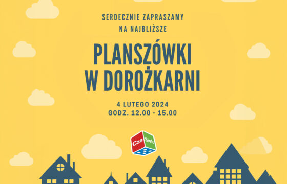 Grafika wydarzenia Planszówki w Dorożkarni, rysunek domów stojących blisko siebie, nad nimi chmura