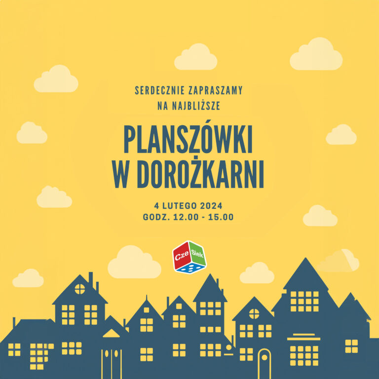 Grafika wydarzenia Planszówki w Dorożkarni, rysunek domów stojących blisko siebie, nad nimi chmura