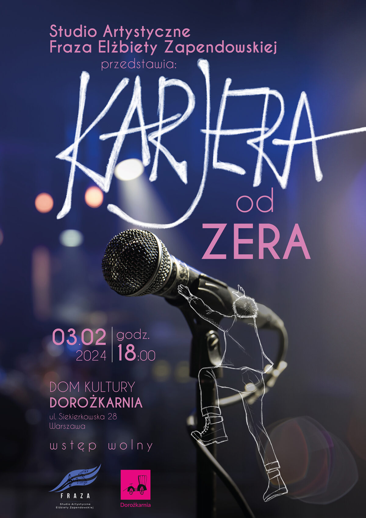 Plakat koncertu "Kariera od zera" w wykonaniu Studia Elżbiety Zapendowskiej Fraza - Mikrofon z rysunkiem wdrapującej się nań postaci
