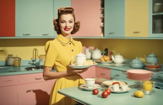 Uśmiechnięta młoda kobieta w stoi w kuchni przy nakrytym stole w dłoni trzyma talerz, na nim imbryk i bułki
