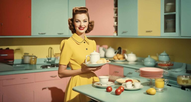 Uśmiechnięta młoda kobieta w stoi w kuchni przy nakrytym stole w dłoni trzyma talerz, na nim imbryk i bułki